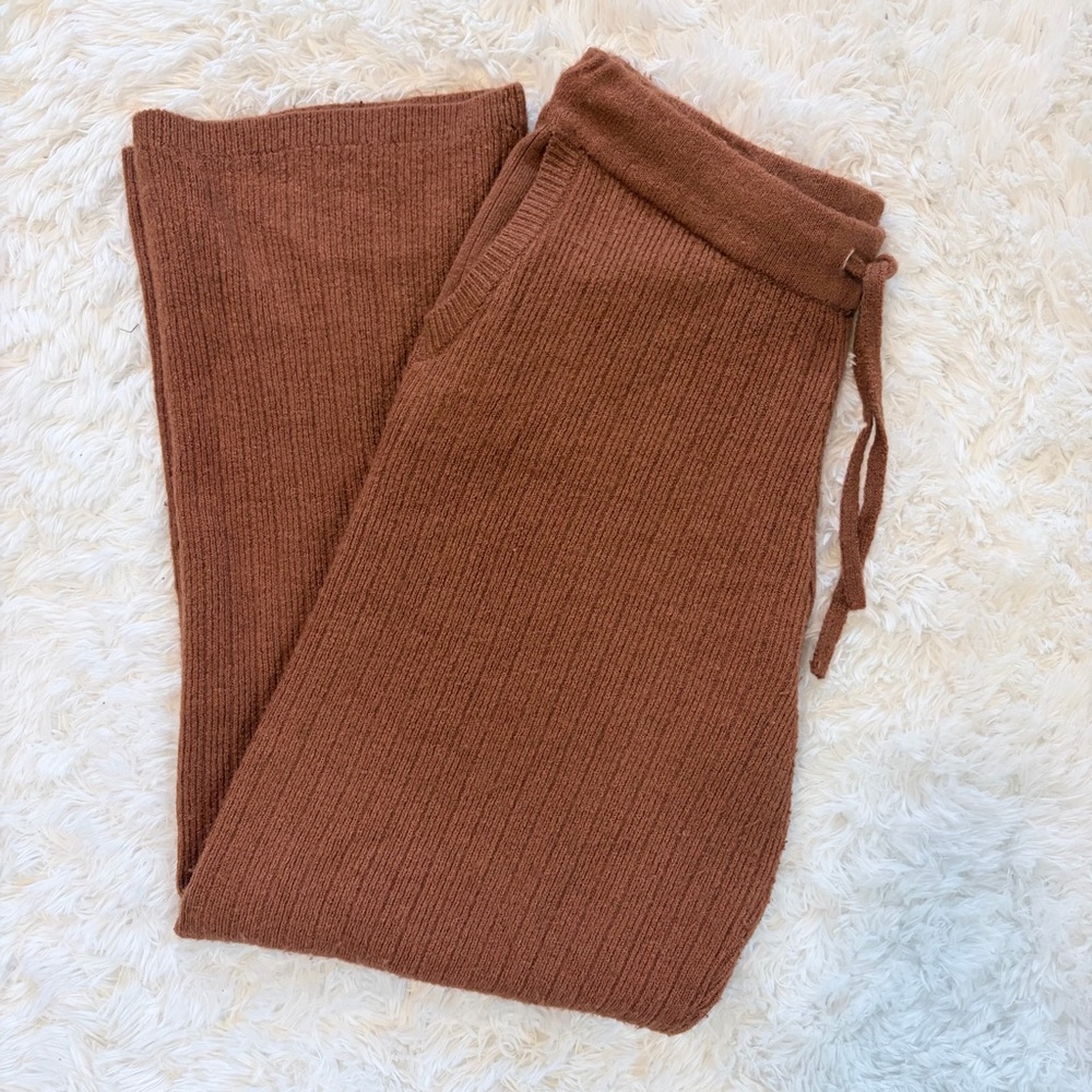 DKNY Brown Knit Ribbed Drawstring Cozy Wide Leg Sweat Pants with Pockets Size M